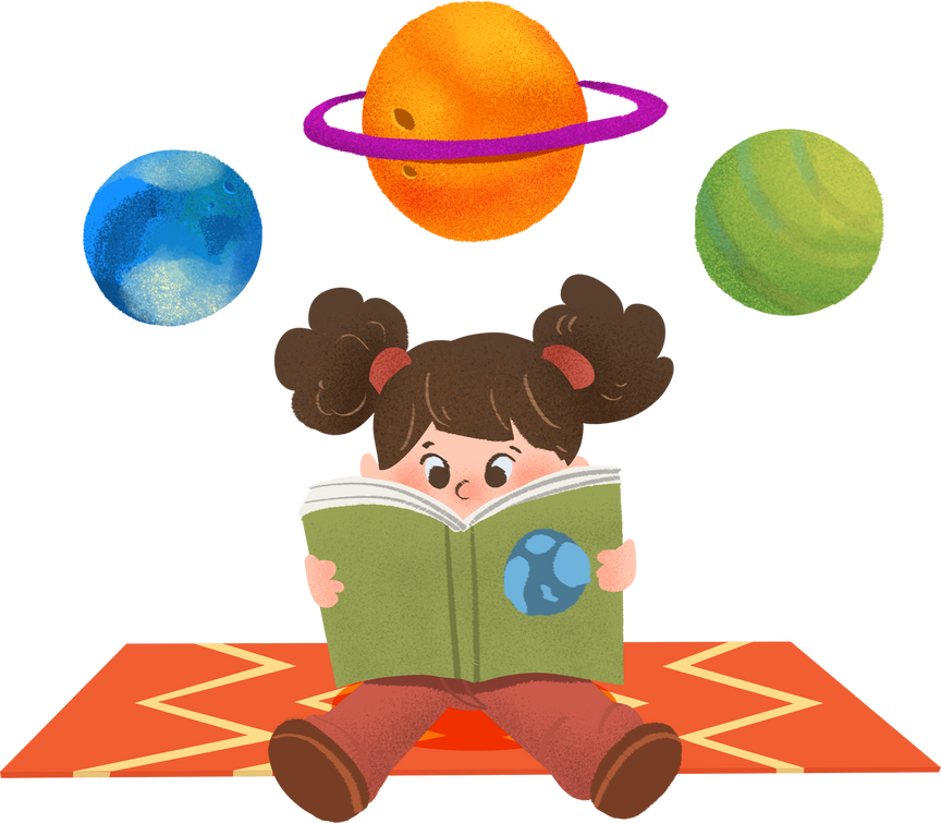 Child Reading a Book about Planets